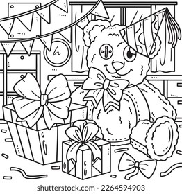 Teddy Bear with Birthday Gift Coloring Page 