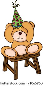 Teddy bear with birthday hat sitting on wooden stool
