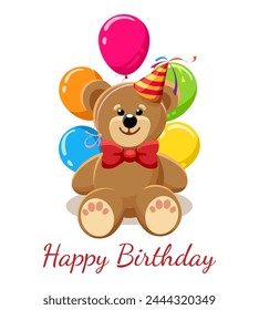 Teddy bear in birthday party hat with colored balloons. Plush teddy-bear toy in red bow tie isolated on white vector illustration