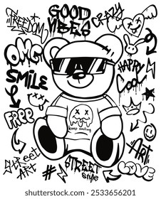 Teddy bear black and white illustration in graffiti street art style for streetwear and urban style t-shirts design, motivational typography slogan and graffiti spray elements.