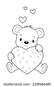 Teddy bear black and white outline illustration. Coloring book or page for kids.