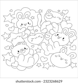 Teddy bear black and white outline illustration. Coloring book or page for kids. Teddy bear with balloons, gift and sweets. Cookies, macaroon, candy, pretzel.Coloring book anti stress for children