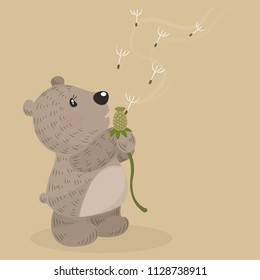 Teddy bear blowing dandelion vector illustration cartoon. Cute Teddy bear pastel cartoon. Dandelions blowing in the wind. 