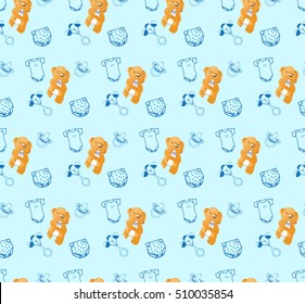 Teddy bear and blue baby accessories seamless pattern