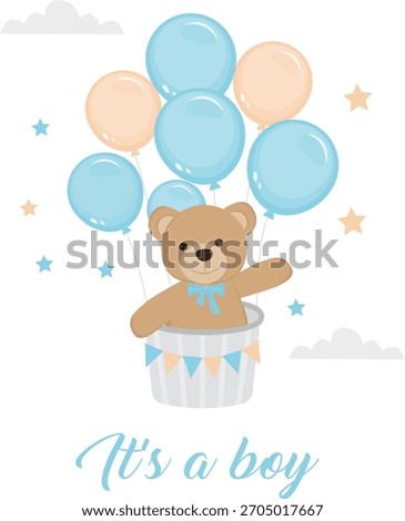 Teddy bear with blue bow in hot air balloon. It's a boy inscription. Illustration for birthday card, invitation, party, baby shower, cover, banner. Vector illustration on white background. 
