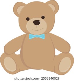 Teddy bear with blue bow. Bear plush toy. Teddy bear isolated on white background. Vector illustration.