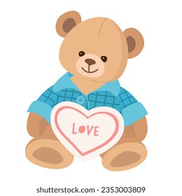 Сute Teddy bear in blue plaid pajamas with a heart. Lovable stuffed toy bear in a flat style isolated on white. Vector