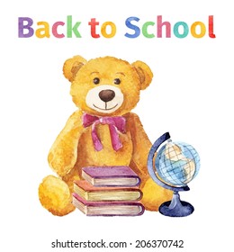 Teddy bear with books and globe. Back to school. watercolor