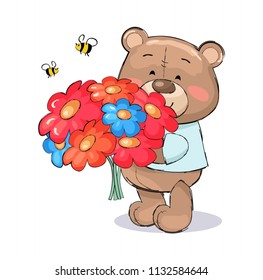 Teddy bear with bouquet of colorful flowers of pink and blue color and bees flying above them vector isolated on white. Luxury spring blooming plants