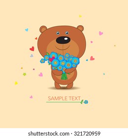 Teddy bear with a bouquet of flowers. Decor element for invitations, greeting cards, posters.