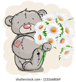 Teddy bear and a bouquet of white chamomile on a light background