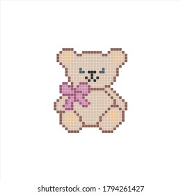 Teddy bear with bow cross stitch pattern. Pixel vector illustration isolated on white background. Cute character. 