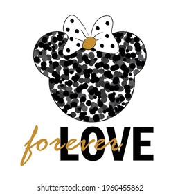 Teddy bear with bow on head and love forever lettering. T-shirt graphics design. Love card.