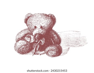 Teddy bear with bow sketch drawing. Toy drawing on white. Vector illustration.