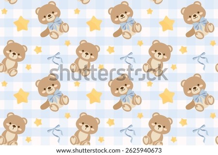 Teddy bear with bow and star coquette seamless pattern illustration. Newborn or children background for kid or nursery, shower sticker and children fabric.