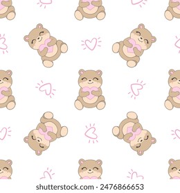 teddy bear with bow tie and kawaii hearts, pink girly seamless pattern background with abstract sun, kids cute woodland animals fabric and textile print design.