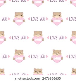 teddy bear with bow tie and kawaii hearts, pink girly seamless pattern background with abstract sun, kids cute woodland animals fabric and textile print design.