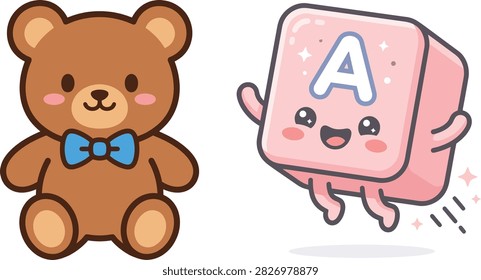 Teddy bear with bow tie and smiling alphabet block character alphabet illustration character