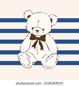 teddy bear bow vector hand drawn illustration cute print design for kids 