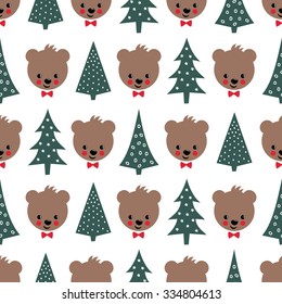 Teddy Bear with bow and Xmas Trees seamless pattern on white background. Cute vector background with boy teddy bear and xmas tree. Child drawing style illustration for winter holidays. Winter forest.