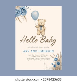 Teddy Bear Boy Blue Bearly Wait Baby Invitation