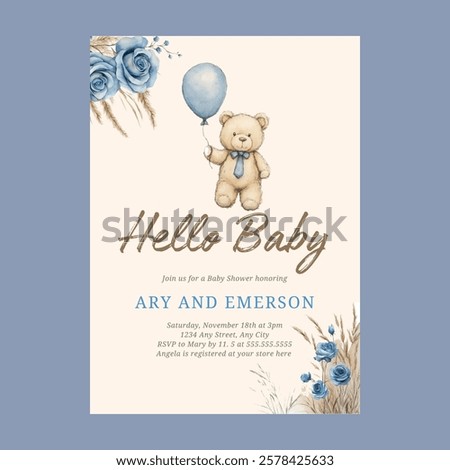 Teddy Bear Boy Blue Bearly Wait Baby Invitation