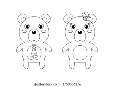 Teddy bear boy and teddy bear girl vector illustration cartoon isolated on white background. Cute teddy bear vector cartoon colorless for coloring page.   
