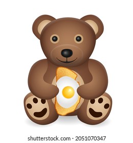 Teddy bear with bread toast with egg on a white background. Vector illustration.