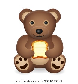 Teddy bear with bread toast on a white background. Vector illustration.