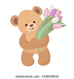 El oso de peluche trae flores. Bonito y lindo oso de juguete desea alegría. Vector