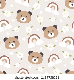 Teddy bear brown face in the pastel beige sky with white flowers, rainbow and clouds. Baby girl and boy cute seamless pattern, kids animals motifs for wrapping paper, fabric and textile print