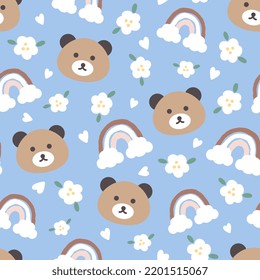 Teddy bear brown face in the pastel blue sky with white flowers, rainbow and clouds. Baby girl and boy cute seamless pattern, kids animals motifs for wrapping paper, fabric and textile print