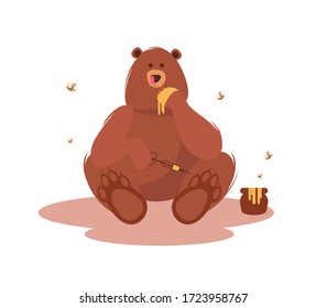 
Teddybär, brauner Bär, Grizzellbär
Vektorgrafik auf transparentem, weißem Hintergrund. Cute Cartoon. Teddybär sitzt und isst Honig, Tontopf mit fließendem Honig, Bienen fliegen.Paw in klebrigem Nektar.