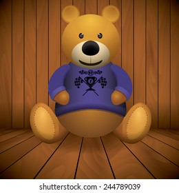 Teddy bear brown stuffed toy print on chest wooden background.
