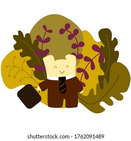 Oso de Teddy de traje marrón con plantas aisladas de fondo blanco.