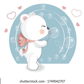 Teddy bear with bubbles. Picture in hand drawing cartoon style, for t-shirt wear fashion print design, greeting. card, party invitation. 