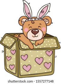 Teddy bear with bunny ears going out of box