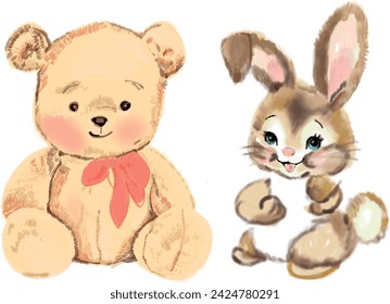 teddy bear and bunny illustration. vintage theme on trend style ideal for print, invitation, social media content.