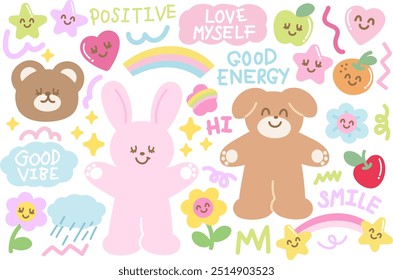 Teddy bear, bunny, puppy, flowers, star, heart, apple, orange, rainbow, rain and clouds for cartoon character, card print, animals, zoo, souvenir shop, cute patch, toy, doll, nature, park, garden, ads