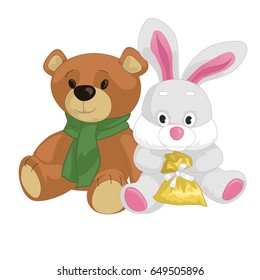 Teddy bear and bunny. Sweet nice toys. Vector illustration