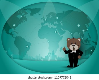 teddy bear businessman on map background.