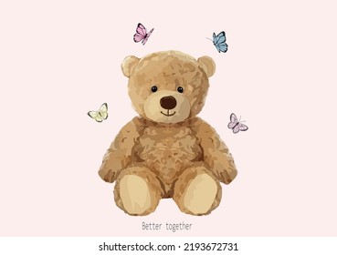 teddy bear and butterflies hand drawn