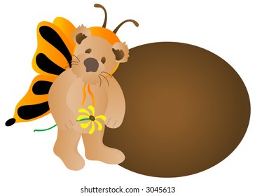 Teddy bear in butterfly costume, background vector illustration.