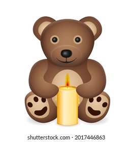 Teddy bear with candle on a white background. Vector illustration.