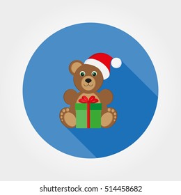 Teddy bear in a cap of Santa Claus. Icon for web and mobile application. Vector illustration on a button with a long shadow. Flat design style.