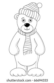 Teddy bear in cap and scarf, monochrome contours