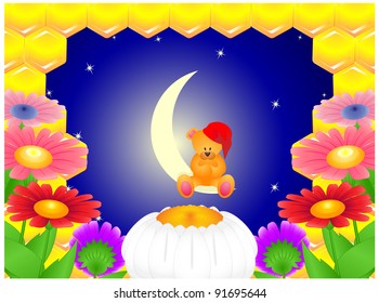 Teddy bear in cap sitting on a crescent moon among the stars
