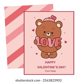 Teddy bear card valentine animals with love letter (Cute cartoon). Series: kawaii sticker whimsical characters. Perfect for romantic wedding vector Flat clipart banner t shirt design and background.