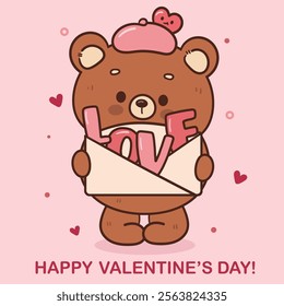 Teddy bear card valentine animals with love envelope (Cute cartoon). Series: kawaii sticker whimsical characters. Perfect for romantic wedding vector Flat clipart banner t shirt design and background.