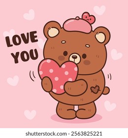 Teddy bear card valentine animals with pink heart (Cute cartoon). Series: kawaii sticker whimsical characters. Perfect for romantic wedding vector Flat clipart banner t shirt design and background.